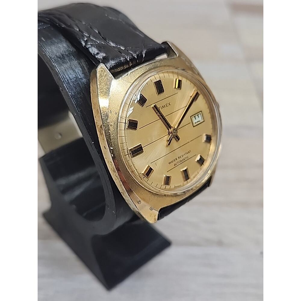 Vintage 1972 Men's Timex Automatic Watch Crosshair Dial W/Leather Strap-Working - Picture 2 of 9